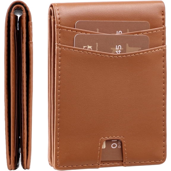 Men's  Blocking Bifold Wallet -  Slim Front Pocket Wallet with 10 Card Slots,  Box & Discreet  Slot for AirTag or Similar Device, Black, Brown