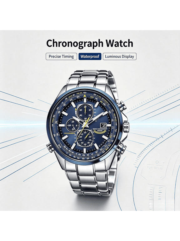 Men's Aviation Pilot Wrist Watch, Chronograph Blue MultiDial Luminous, Stainless Steel Band, 30M Water Resistant for Business & Daily Wear