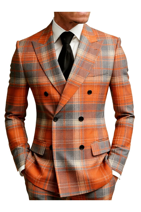 Men's Blue-Brown Checkered Double-Breasted Blazer, Slim Fit Notch Lapel College Style Suit Jacket for Party Holiday Wear & Gifting