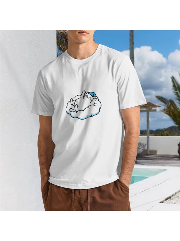 Men's Blue Cloud Character Graphic T-Shirt, Cotton Blend Crewneck Short Sleeve Casual Tee