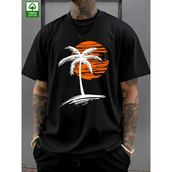 Men's Blue Cotton T-Shirt with Tropical Palm Tree Sunrise Graphic – Casual Short Sleeve Summer Tee for Outdoor and Casual Attire