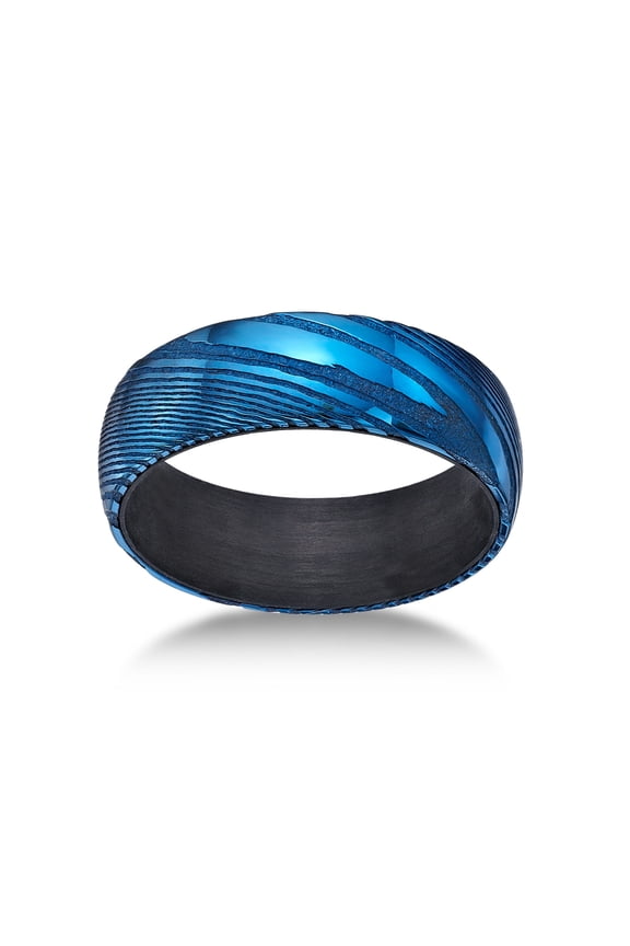 Men's Blue Damascus Steel Ring with Carbon Fiber Sleeve
