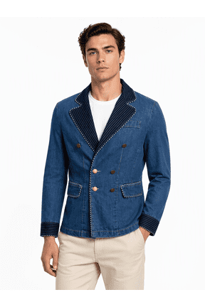 Men's Blue Denim Double-Breasted Blazer with Peak Lapels, Contrast Trim and Gold Buttons