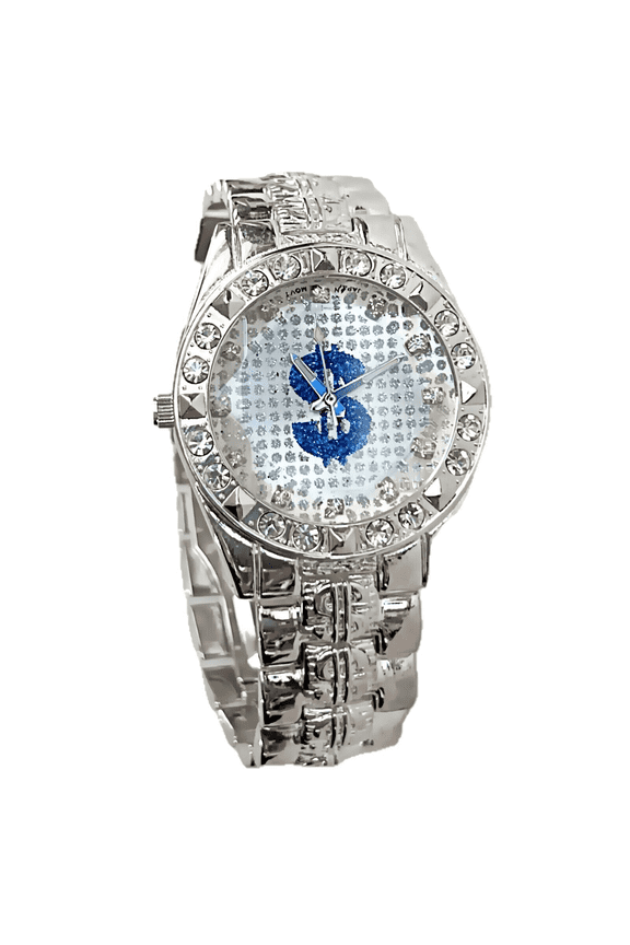 Men's Blue Dollar $ Sign Cash Symbol Old School Hip Hop Watch Simulated CZ Iced Silver Tone 8"