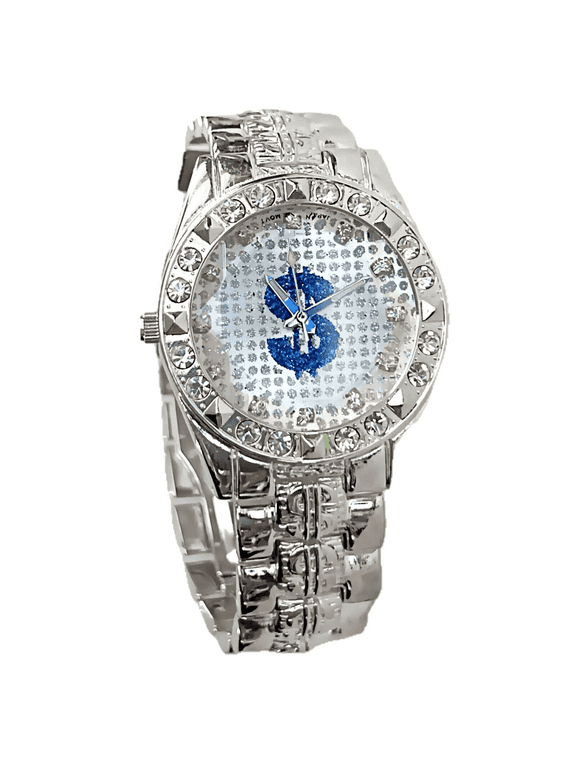 Men's Blue Dollar $ Sign Cash Symbol Old School Hip Hop Watch Simulated CZ Iced Silver Tone 8"
