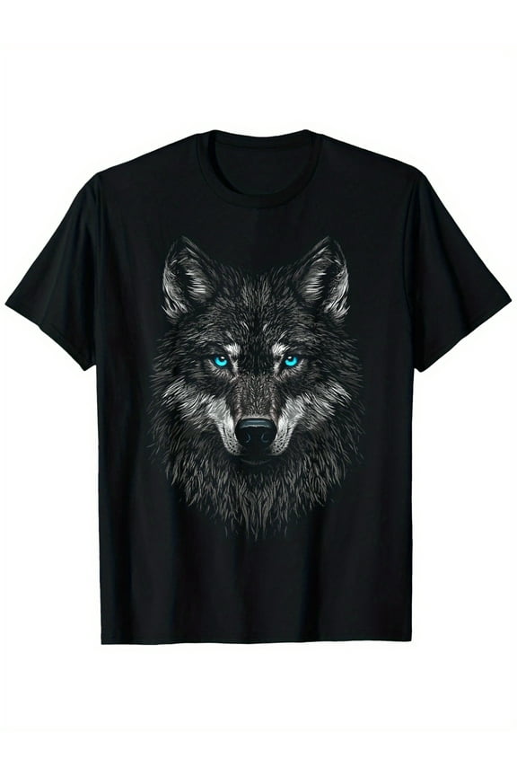 Men's Blue Eyes Wolf Art T-shirt-Short Sleeve, round Neck, Black, Stretch Fabric, Comfortable and Fashionable, Suitable for Daily Wear, Travel, Fitness, Fitness Clothing, Machine Washable