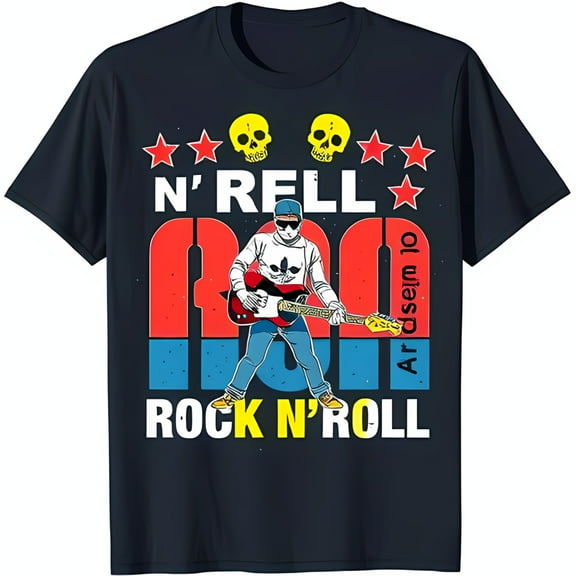Men's Blue Graphic T-Shirt with Player Skulls & 'ROCK N'ROLL'