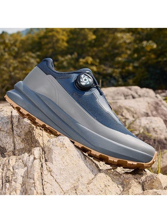Men's Blue Gray BOA Quick Rotating Buckle Hiking Shoes, Waterproof Breathable Non-Slip Rugged Wide Toe Outdoor Trekking Walking Footwear