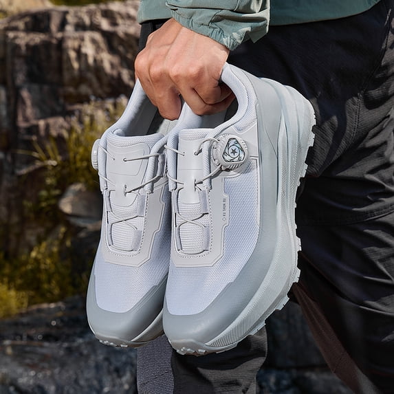 Men's Blue & Grey Outdoor Hiking Shoes, Breathable Mesh Trail Sneakers with Rotating Buckle for Trekking and Casual Wear