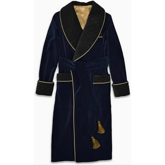 Men's Blue Long Gown Jackets with Black Fine Quilted Cord Piping Long Smoking Jacket Evening Wear&nbsp;