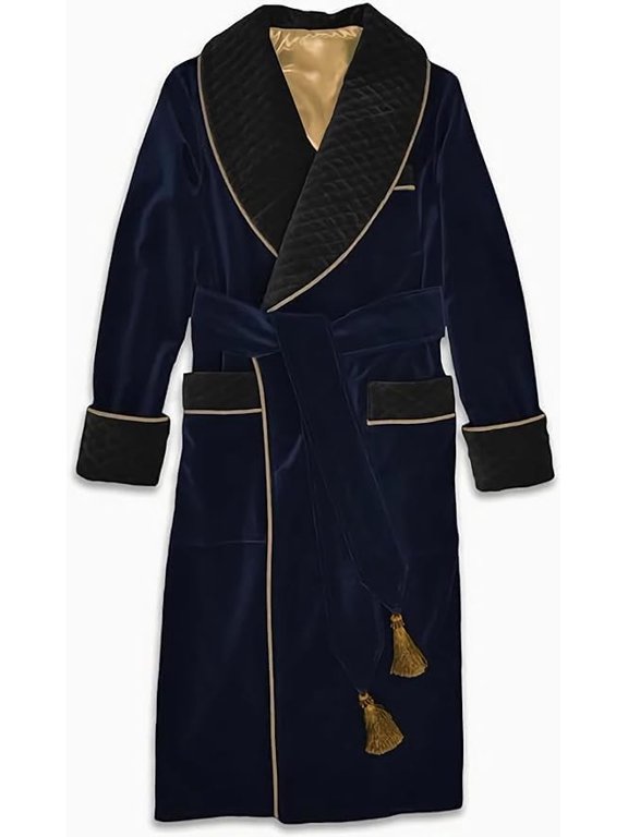 Men's Blue Long Gown Jackets with Black Fine Quilted Cord Piping Long Smoking Jacket Evening Wear 