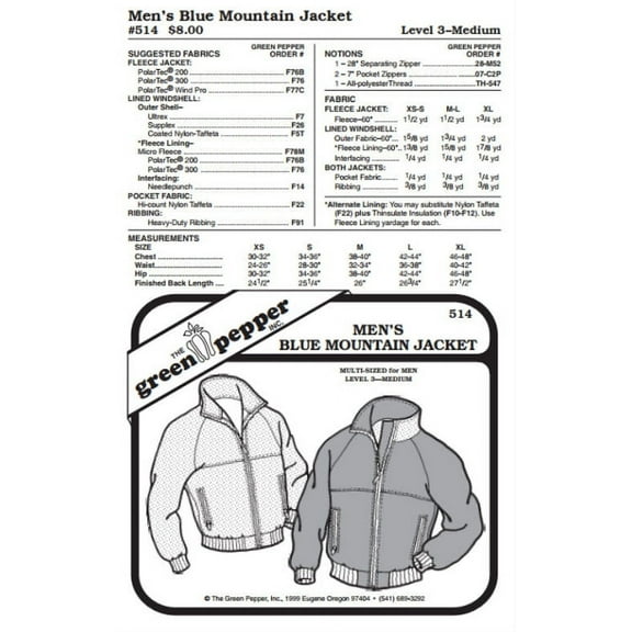 Men's Blue Mountain Jacket Coat Outerwear #514 Sewing Pattern (Pattern Only)