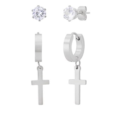 Iron Saints Stainless Steel Silver Tone CZ Stud and Cross Dangle Earring Set for Men and Women