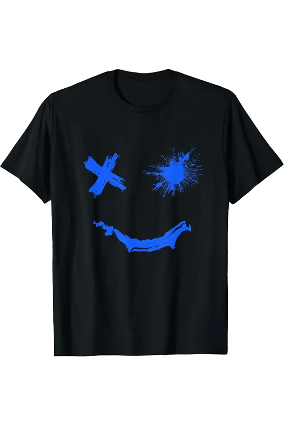 Men's Blue Splatter Distorted Smile Graphic T-Shirt