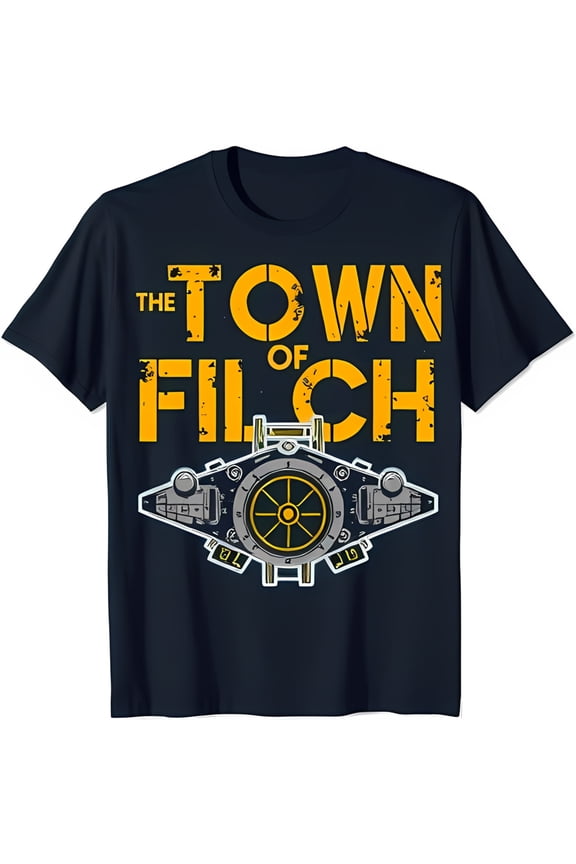 Men's Blue T-Shirt 'The Town of Filch' with Detailed Spaceship Design