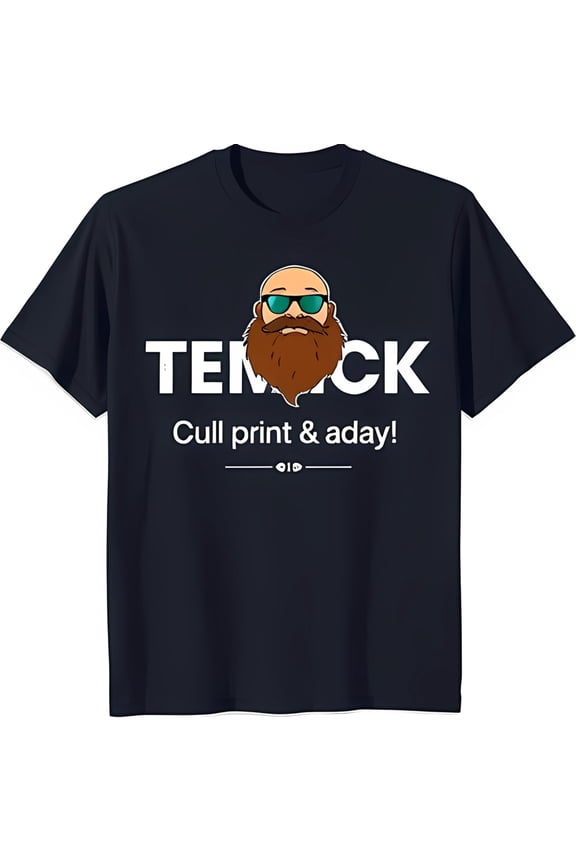 Men's Blue T-Shirt with Cartoon Bearded Man Graphic 'TEMCK' Design
