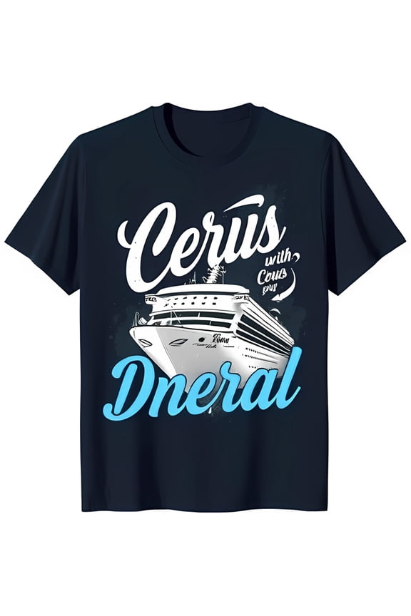 Men's Blue T-Shirt with Cruise Ship Graphic & 'Cerus with Cous for Dneral' Text