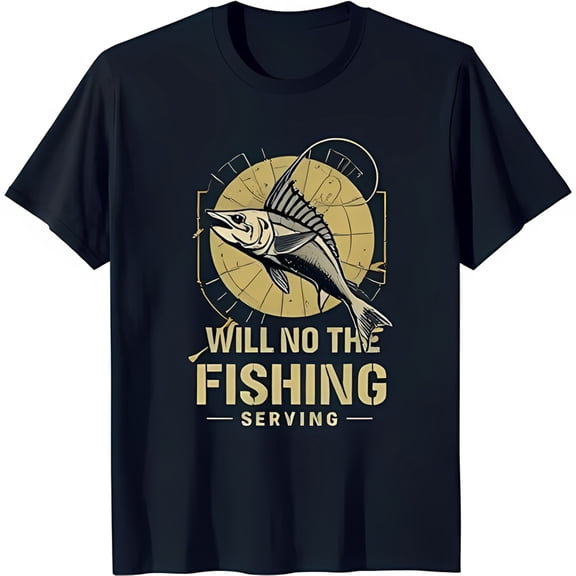 Men's Blue T-Shirt with Jumping Fish Graphic & Design 'Will No the Serving ' Print
