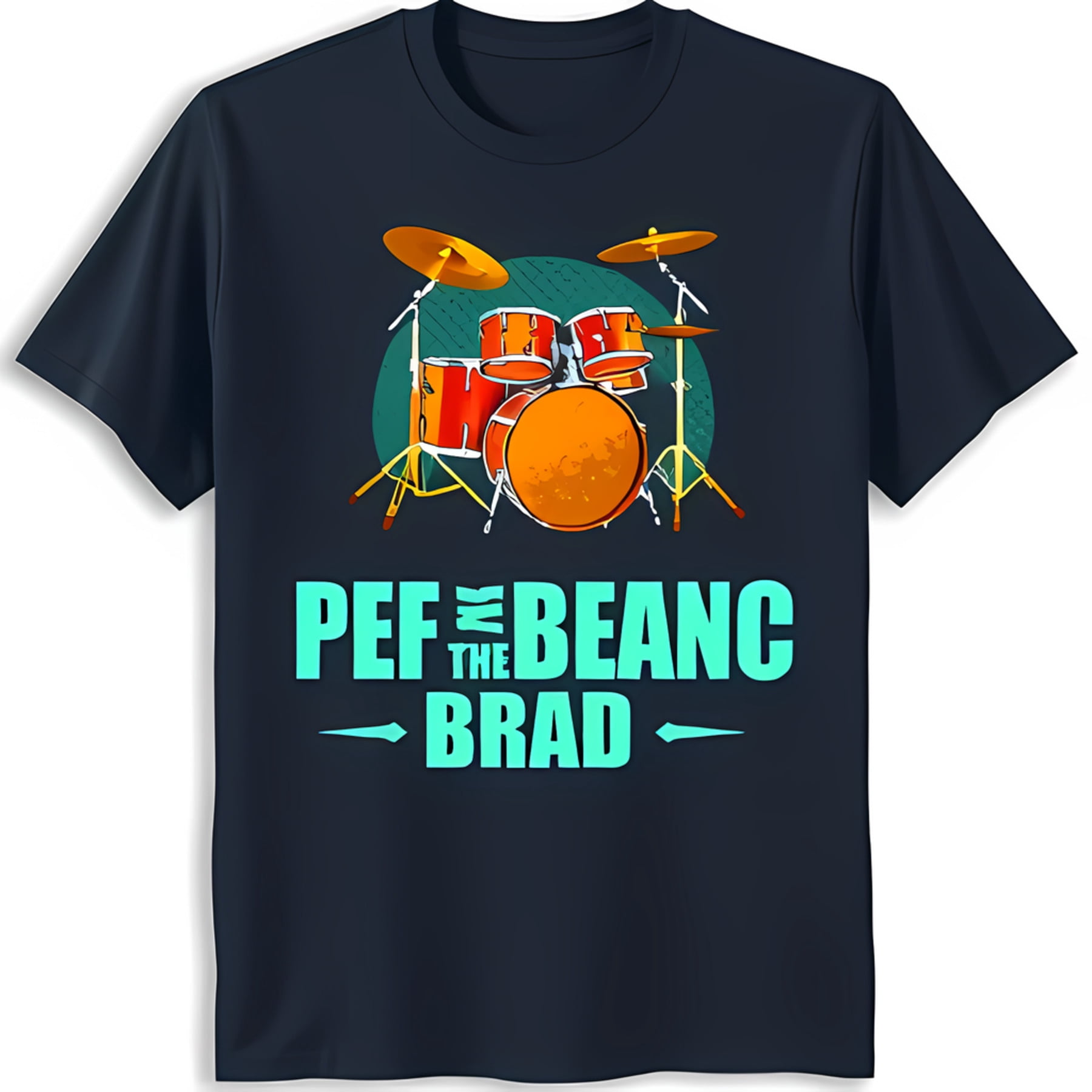 Men's Blue TShirt with Vibrant Drum Set Design and 'PEF THE BEANC BRAD