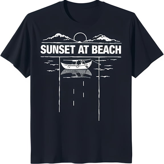 Men's Blue T-Shirt with White Boat & 'Sunset at Beach' Graphic