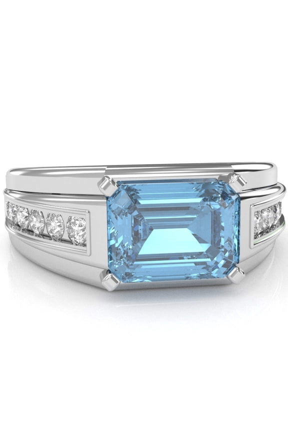 Men's Blue Topaz Diamond Channel Ring In Solid 14k White Gold