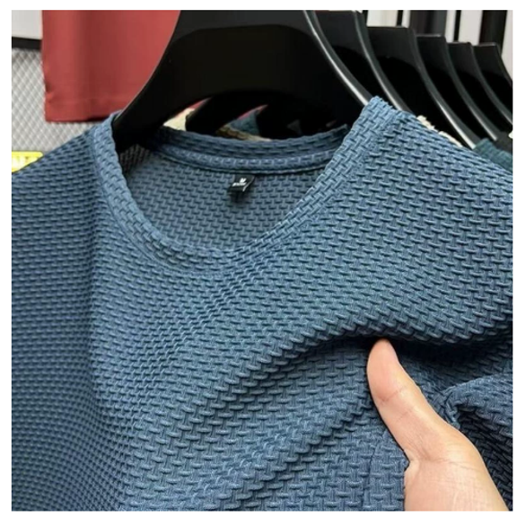 Men's Blue Xxxl Short Sleeve Thin - Joint Ice Silk T - Shirt - Semi - Sheen Fabric, Node Textured Design, Ice Silk Feel, Lightweight Breathable, Versatile Casual Top -