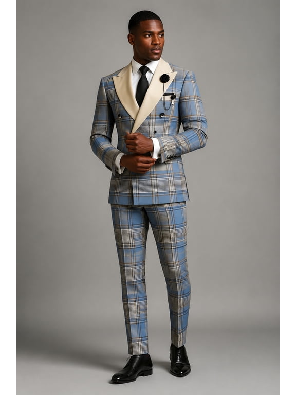 Men's Blue and Beige Plaid Pattern and Double-Breasted Two-Piece Suit for Wedding, Prom and Formal Events