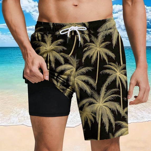 Men's Board Shorts Swimwear Quick Dry Bathing Suits with Compression Mesh Lining Drawstring Waist Tropical Holiday Surfing Beach Wear Athletic Swimsuit