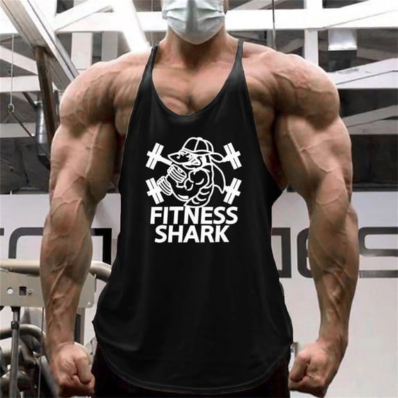 Men's Bodybuilding Stringer Tank Tops Sun Protection Gym Fitness Workout T-Shirts Running Beach Swim Muscle Tee Summer Black M