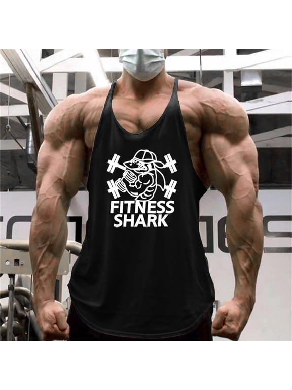 Men's Bodybuilding Stringer Tank Tops Sun Protection Gym Fitness Workout T-Shirts Running Beach Swim Muscle Tee Summer Black XXL