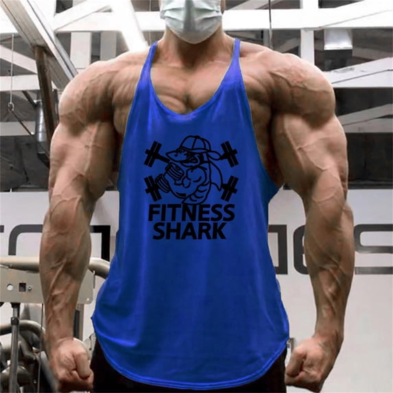 Men's Bodybuilding Stringer Tank Tops Sun Protection Gym Fitness Workout T-Shirts Running Beach Swim Muscle Tee Summer Blue M