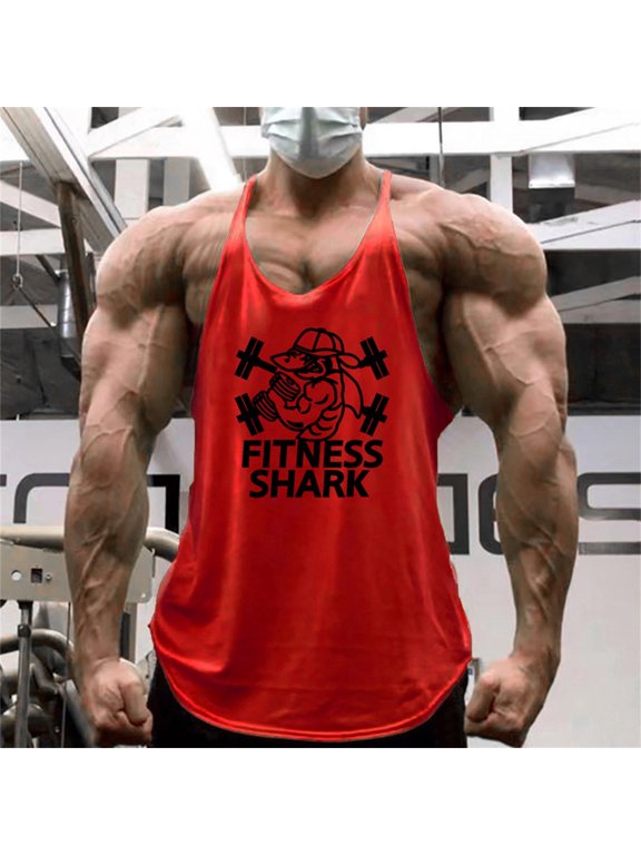 Men's Bodybuilding Stringer Tank Tops Sun Protection Gym Fitness Workout T-Shirts Running Beach Swim Muscle Tee Summer Red XXL