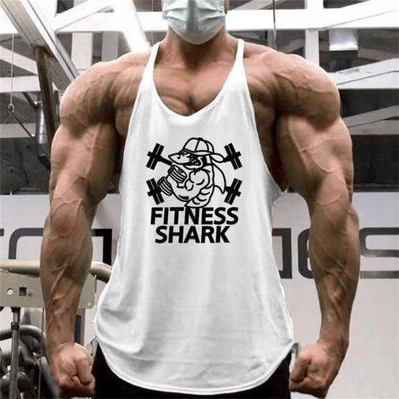 Men's Bodybuilding Stringer Tank Tops Sun Protection Gym Fitness Workout T-Shirts Running Beach Swim Muscle Tee Summer White M