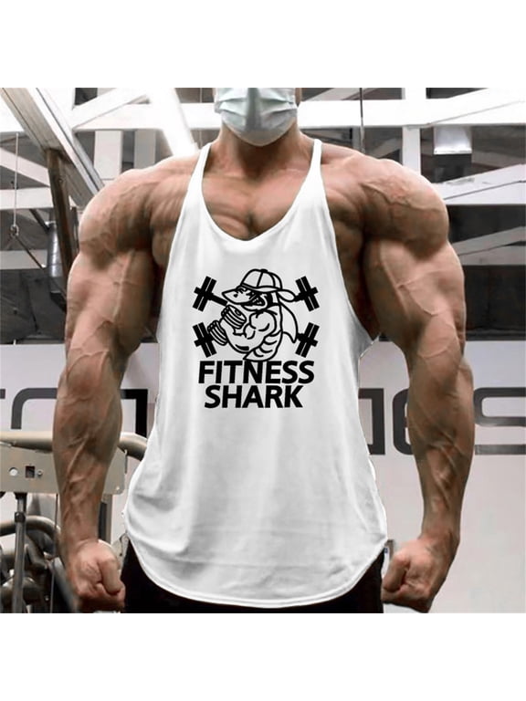 Men's Bodybuilding Stringer Tank Tops Sun Protection Gym Fitness Workout T-Shirts Running Beach Swim Muscle Tee Summer White M
