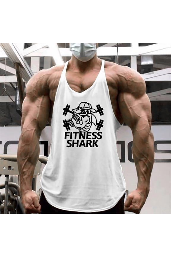 Men's Bodybuilding Stringer Tank Tops Sun Protection Gym Fitness Workout T-Shirts Running Beach Swim Muscle Tee Summer White XXL