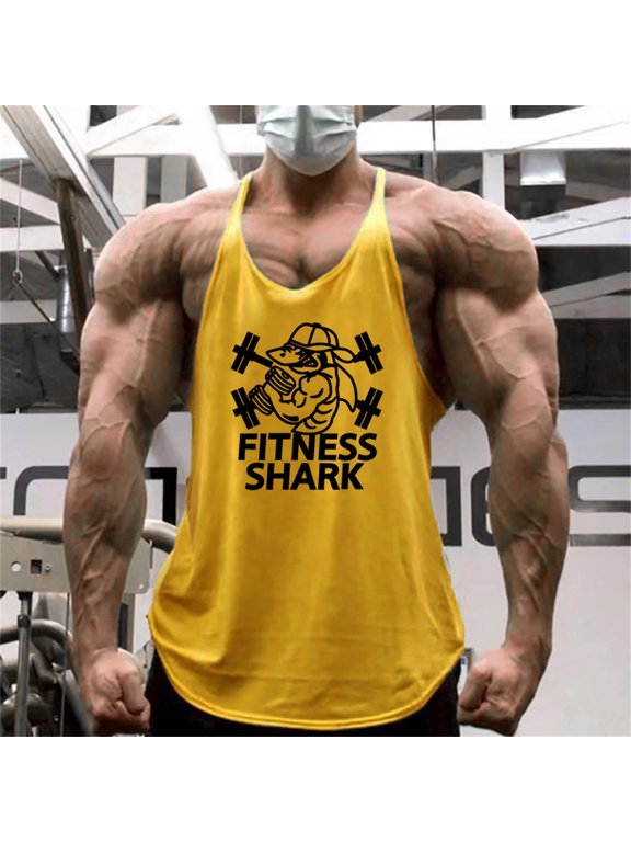 Men's Bodybuilding Stringer Tank Tops Sun Protection Gym Fitness Workout T-Shirts Running Beach Swim Muscle Tee Summer Yellow M