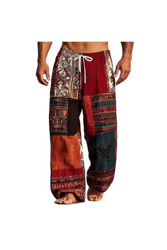 Men's Bohemian Patchwork Harem Pants with Drawstring Elastic Waist, Ethnic Print Loose Fit Lounge Trousers, Casual Artisan Style Bottoms for Vacation, Beach and Yoga