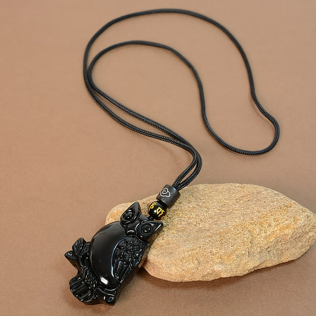 Men's Bohemian Style Natural Obsidian Owl Pendant Necklace - Intricate ...