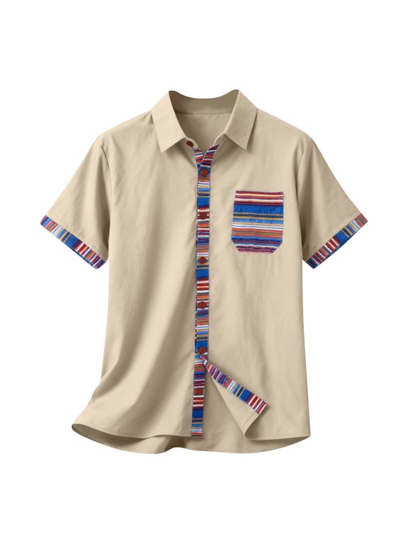 Men's Boho Color Block Short Sleeve Shirt Striped Accent Pocket Casual Beach Top for Summer Vacation Men's Casual Shirts,Khaki,M