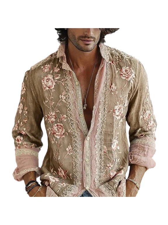Men's Boho Floral Button Down Shirt Relaxed Long Sleeve Top Wedding Guest Outfit