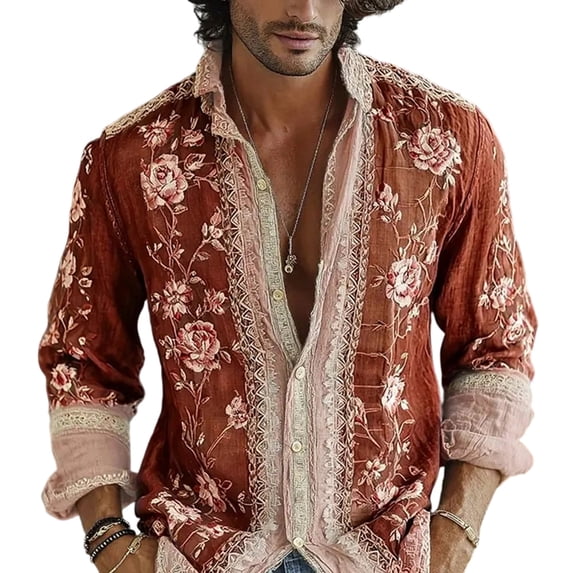 Men's Boho Floral Button Down Shirt Relaxed Long Sleeve Top Wedding Guest Outfit