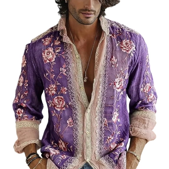 Men's Boho Floral Button Down Shirt Relaxed Long Sleeve Top Wedding Guest Outfit