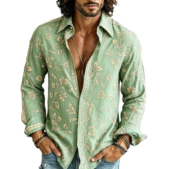Men's Boho Floral Print Long Sleeve Shirt 70s Vintage Button Up Shirt Relaxed Fit Holiday Party Wear Shirt