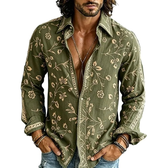 Men's Boho Floral Print Long Sleeve Shirt 70s Vintage Button Up Shirt Relaxed Fit Holiday Party Wear Shirt