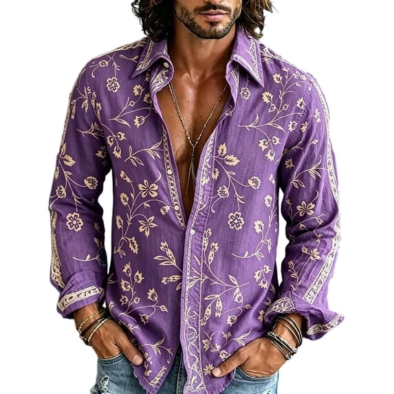 Men's Boho Floral Print Long Sleeve Shirt 70s Vintage Button Up Shirt Relaxed Fit Holiday Party Wear Shirt