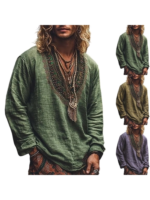 Men's Boho Shirt Long Sleeve African Print Embroidered Gauze Shirts Casual V Neck Linen Beach Hippie Clothes