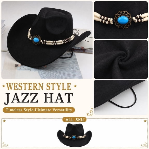Men's Boho Western Cowboy Hat Soft Suede Wide Brim Hat with Ethnic Beaded Band Vintage Outdoor Sun Hat for Festival Travel,Black