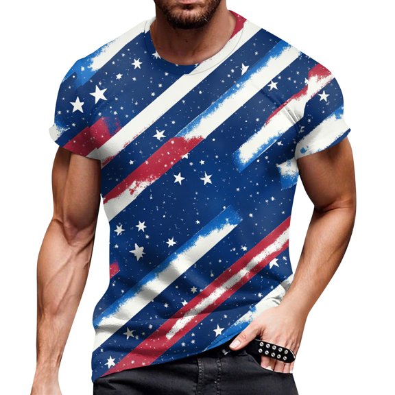 Men's Bold Flag Print T-Shirt, Oversized Short Sleeve Top with Vintage Wash Effect for Streetwear ,Blue S