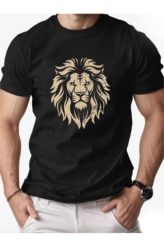 Men's Bold Lion Face Print T-Shirt - Neutral Tone Beige & Golden Casual Round Neck Short Sleeve Top Suitable for Summer, Parties & Casual Attire - Comfortable Lion Head Design T-Shirt