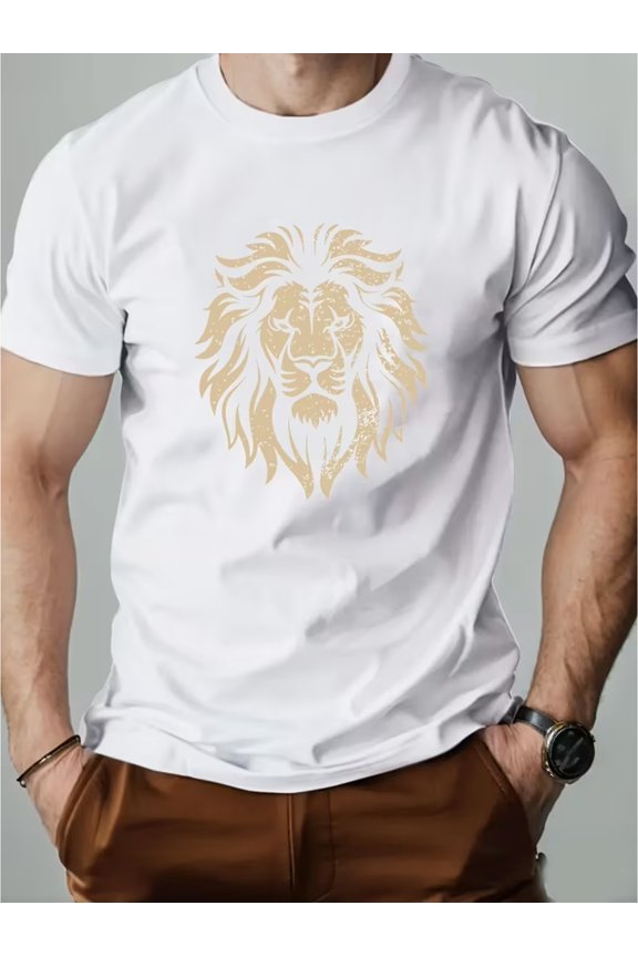 Men's Bold Lion Face Print T-Shirt - Neutral Tone Beige & Golden Casual Round Neck Short Sleeve Top Suitable for Summer, Parties & Casual Attire - Comfortable Lion Head Design T-Shirt